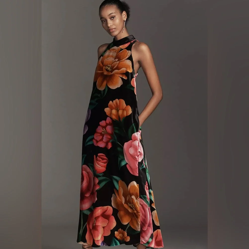 FARM Rio Black Midi Dress with Bold Floral Print NWT - Picture 1 of 6